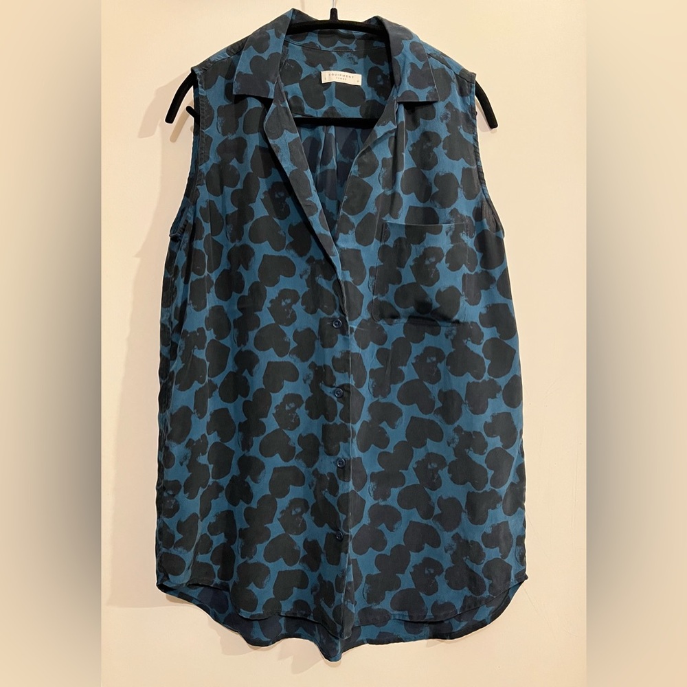 Equipment Turquoise and Black Women's Heart Print Sleeveless Top